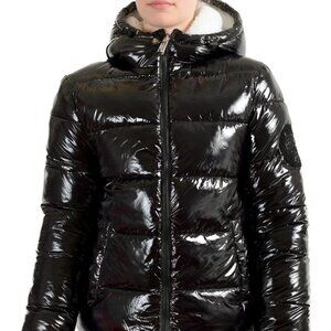 Plein Sport Women's Black Reversible Sherpa Logo Print Parka Jacket US L IT 44